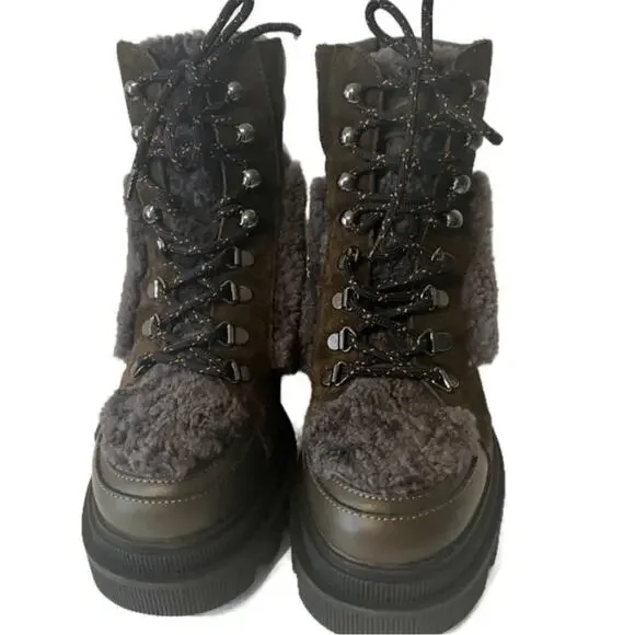 Voile Blanche Loden Faux Shearling Trim Lug Sole Leather Boots Khaki size 38 - Picture 2 of 10